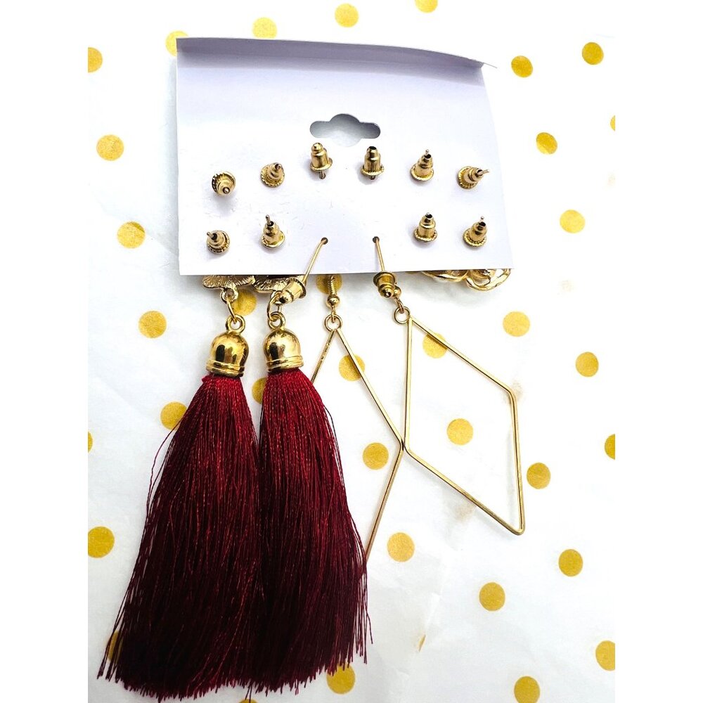 Set Of 6 Geometric & Tassel Fashion Earrings In Gold & Red Fashion Jewelry - Picture 2 of 2